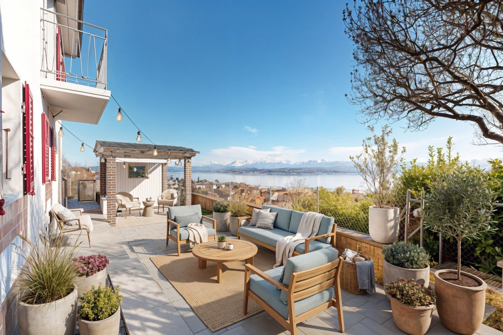 garden featuring a water view, a storage shed, a patio, and a fenced backyard