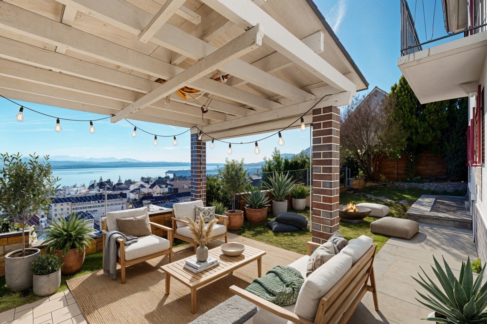 terrace with a water view and a patio area