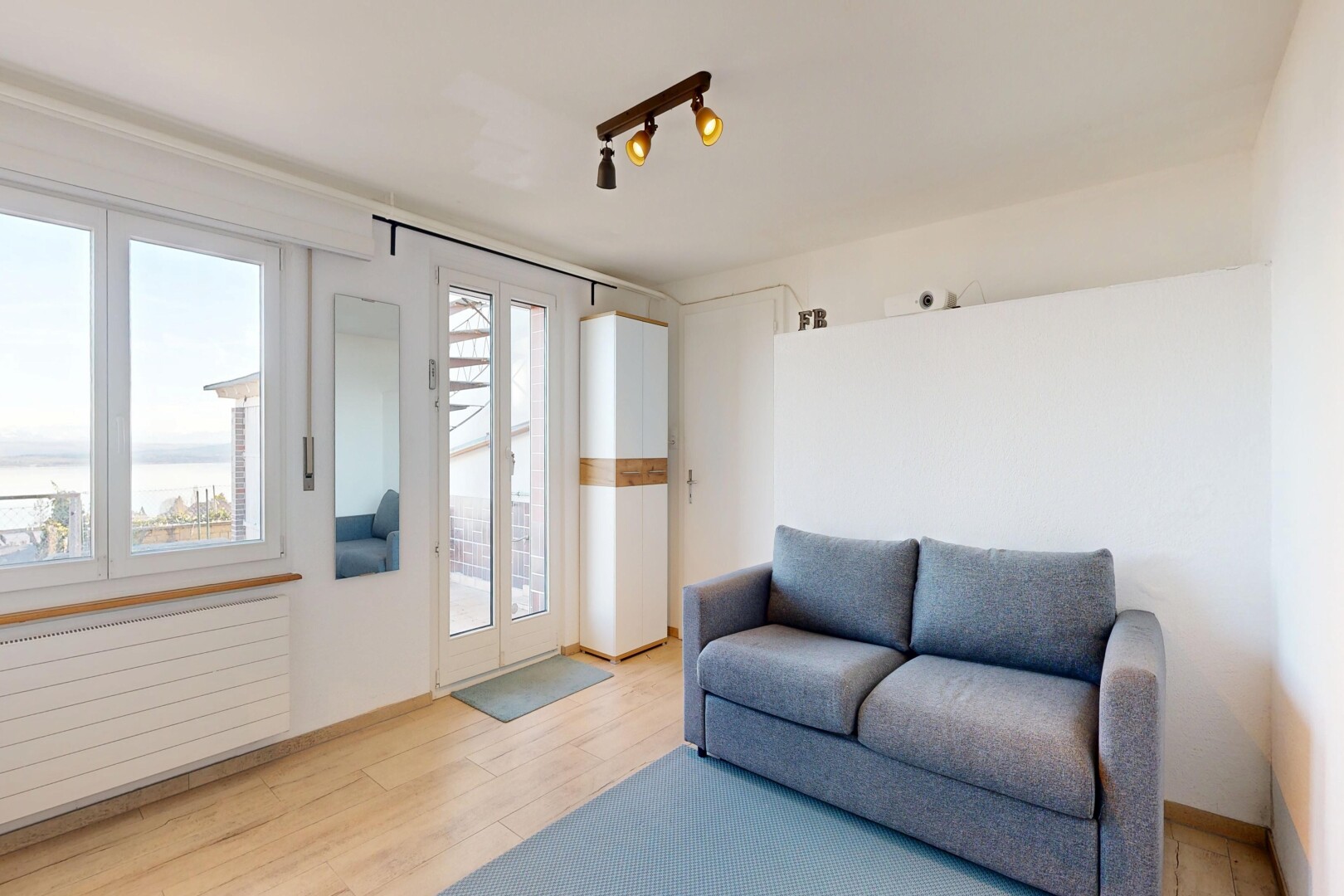 living room featuring light wood-style flooring, radiator heating unit, and track lighting