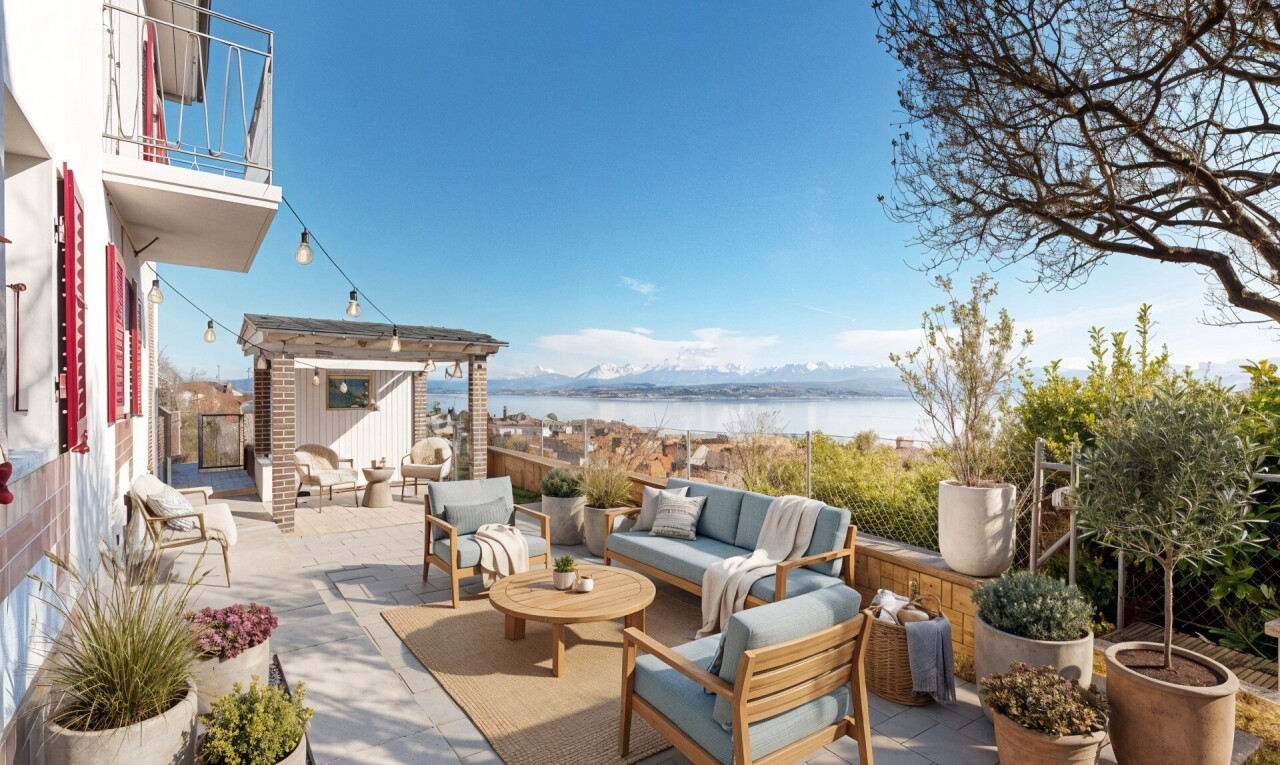 garden featuring a water view, a storage shed, a patio, and a fenced backyard