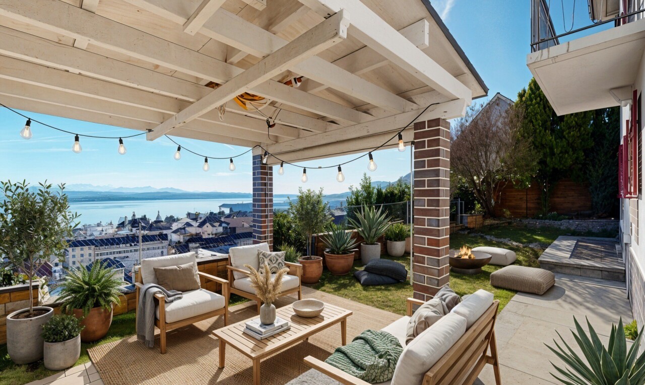 terrace with a water view and a patio area