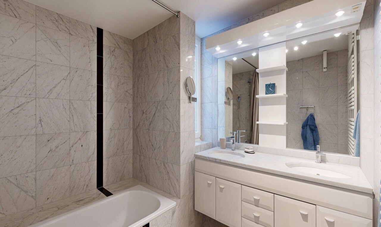 bathroom featuring a towel warming rack, double vanity, a garden tub, tile walls, and radiator heating unit
