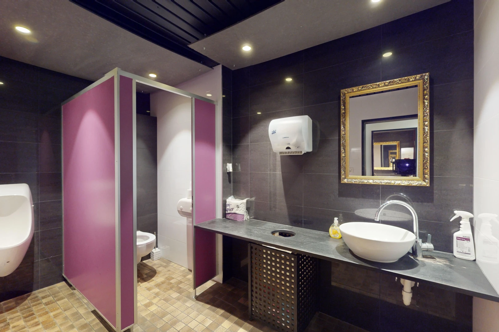 salle de bains avec toilettes, vasque, miroir, et mur carrelé