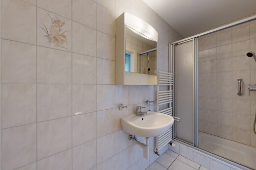 salle de bains avec tile wall, mur en carrelage, miroir, douche, et salle de bain complète