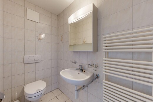 salle de bains avec radiateur, chauffe-serviettes, tile wall, mur en carrelage, et miroir