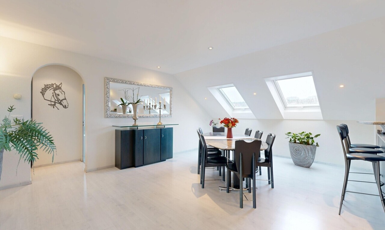 esszimmer mit dachfenster, inside property, dachschräge, vaulted ceiling, und gipskartonwand
