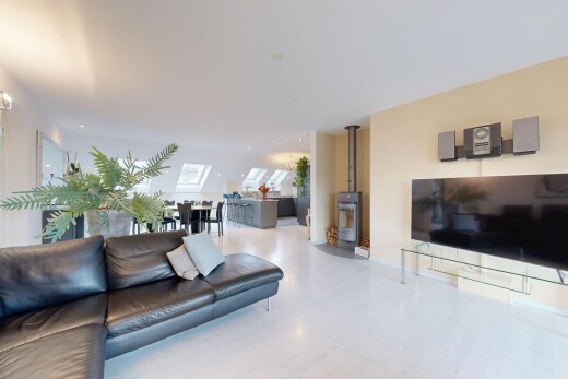 salon / salle à manger avec télévision, inside property, cloison sèche, drywall, et poêle à bois