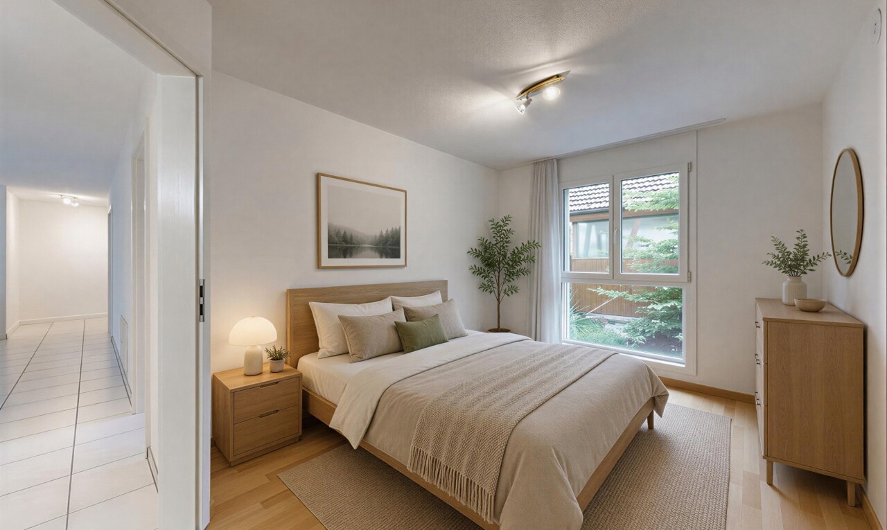 chambre avec drywall, cloison sèche, inside property, light floor, et natural light