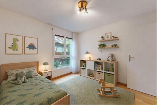 chambre avec light floor, sol en finition bois, wood finish floor, cloison sèche, et drywall