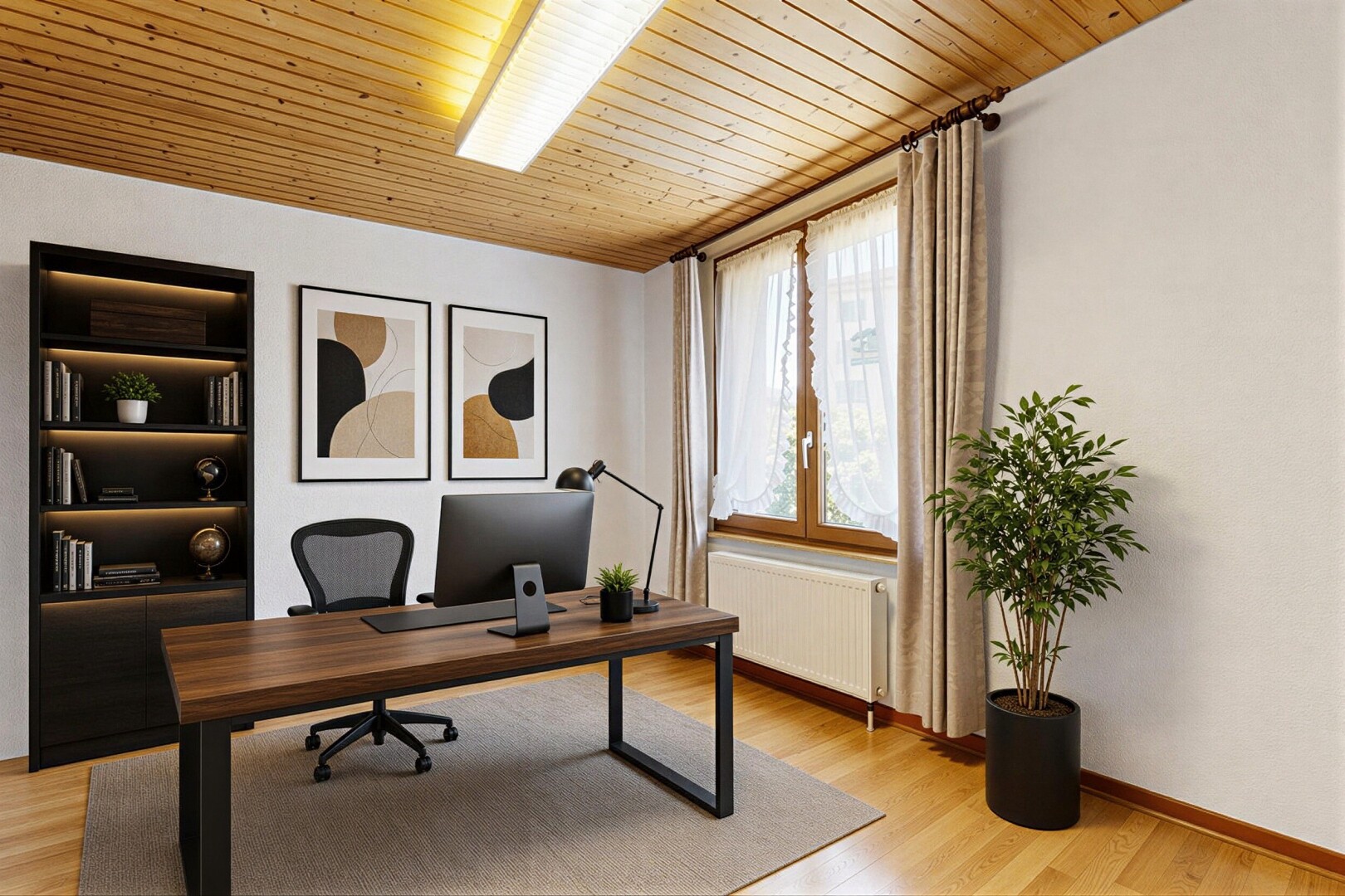 office with light wood-type flooring, radiator heating unit, and wood ceiling