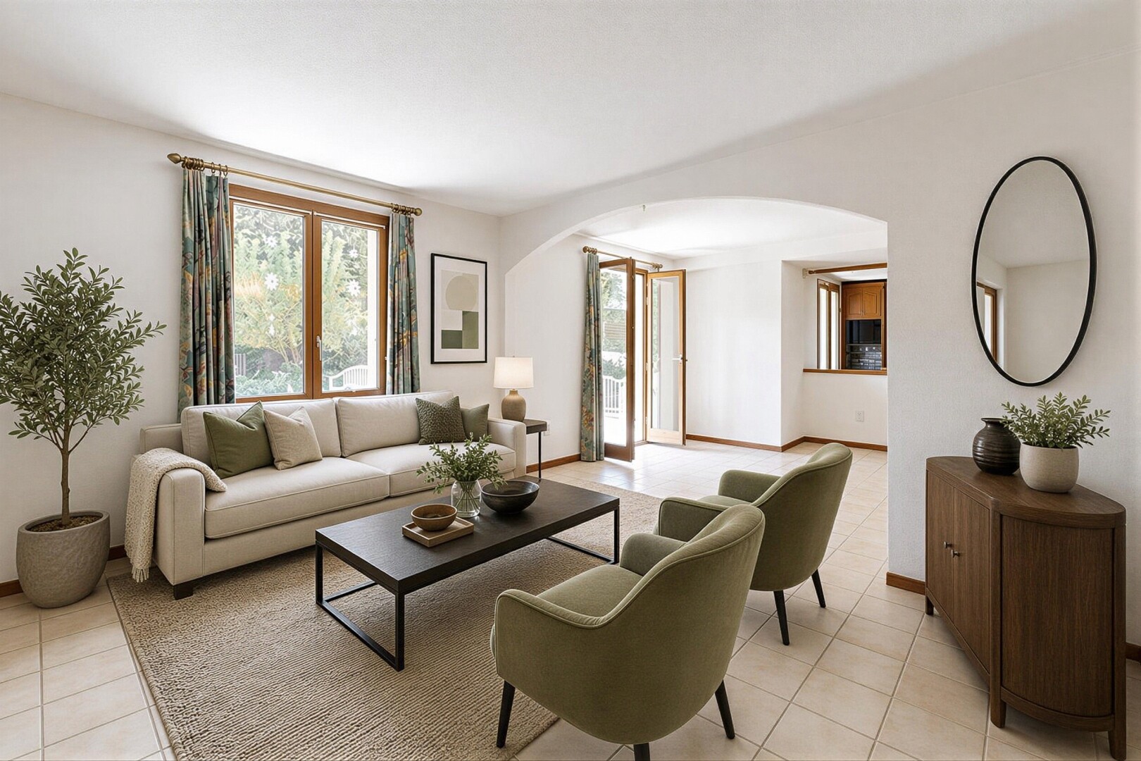 living area with arched walkways and baseboards