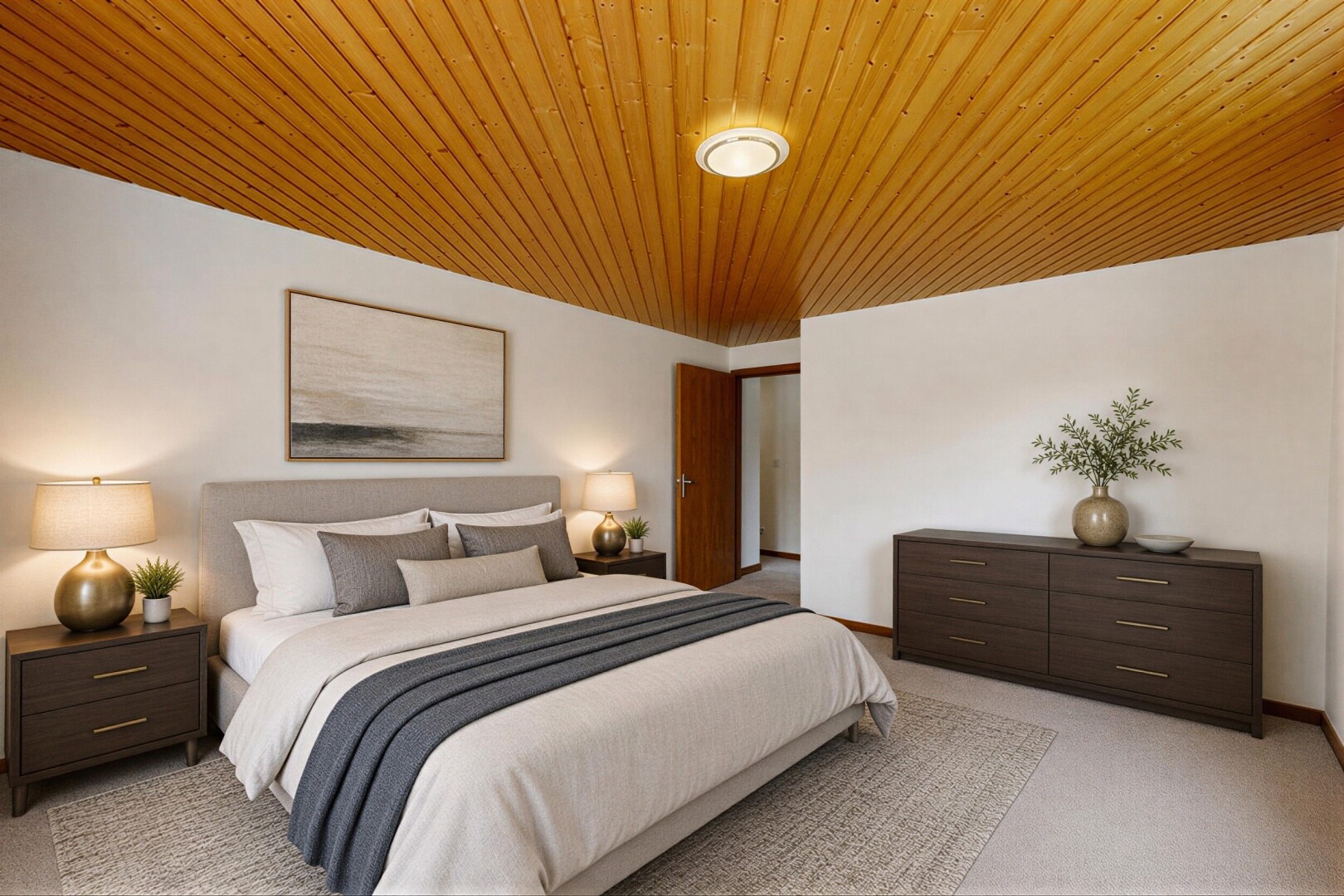 room featuring light carpet and wood ceiling