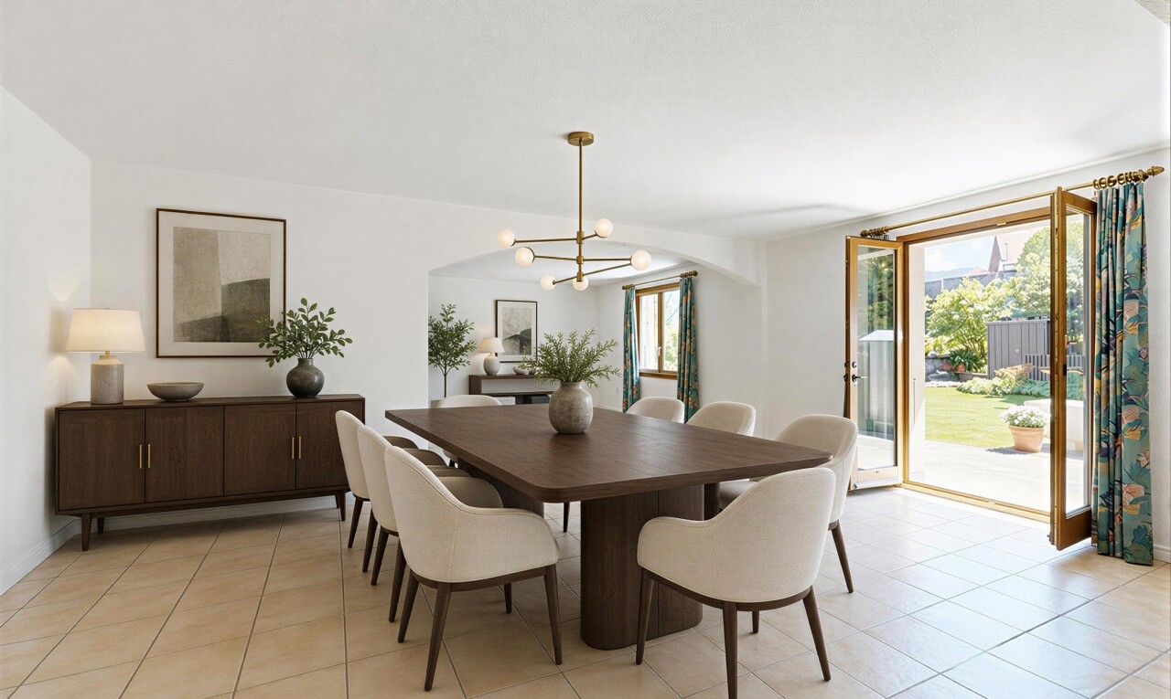 dining area featuring hanging lights and light tile patterned floors