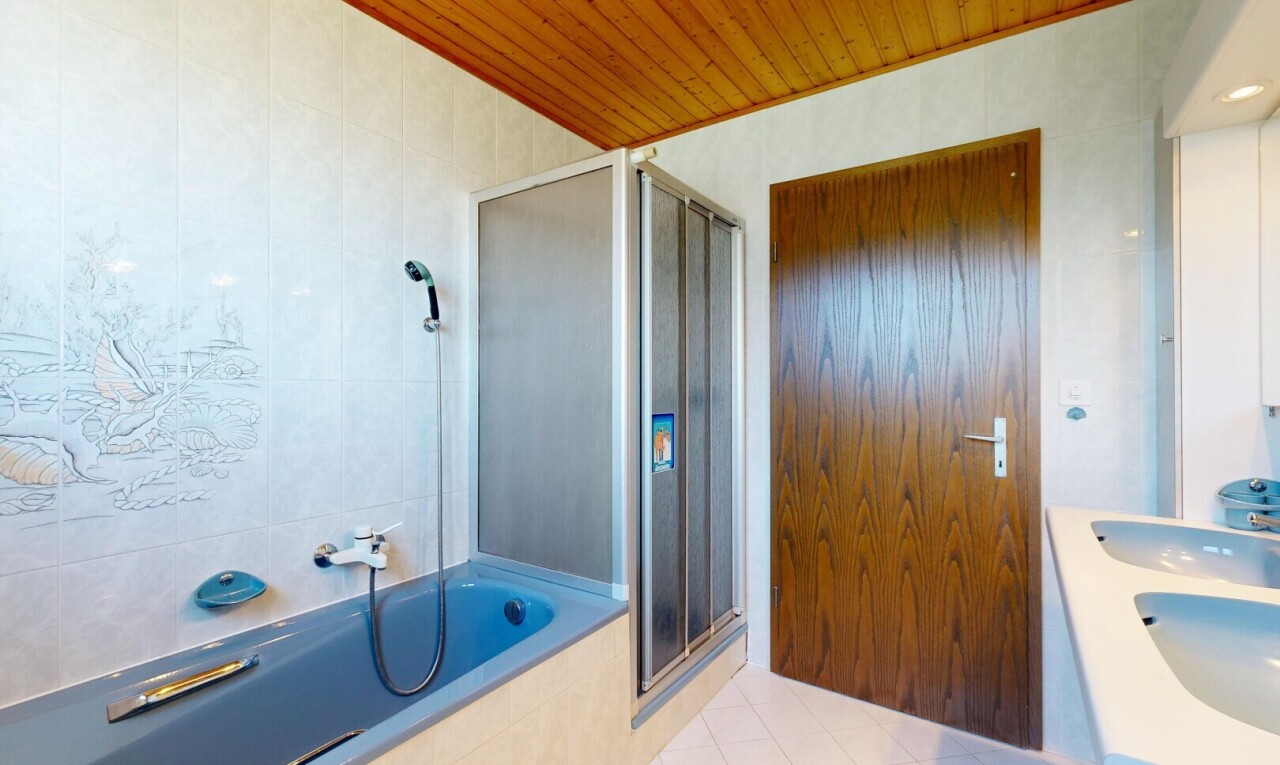 full bathroom with a shower stall, a garden tub, light tile patterned flooring, double vanity, and wood ceiling
