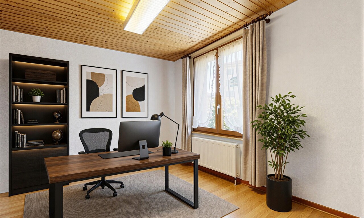 office with light wood-type flooring, radiator heating unit, and wood ceiling