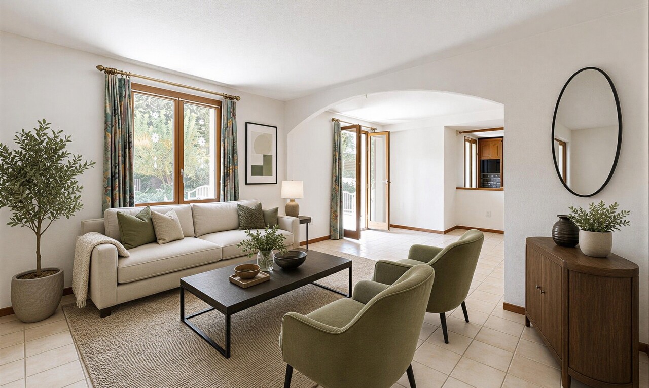 living area with arched walkways and baseboards