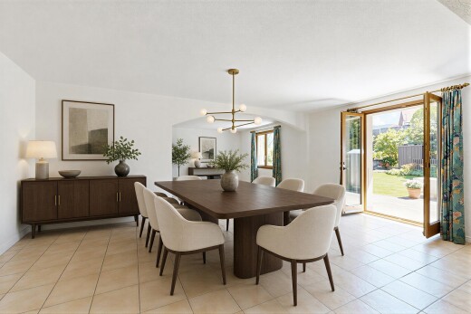 dining area featuring hanging lights and light tile patterned floors