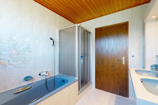 full bathroom with a shower stall, a garden tub, light tile patterned flooring, double vanity, and wood ceiling