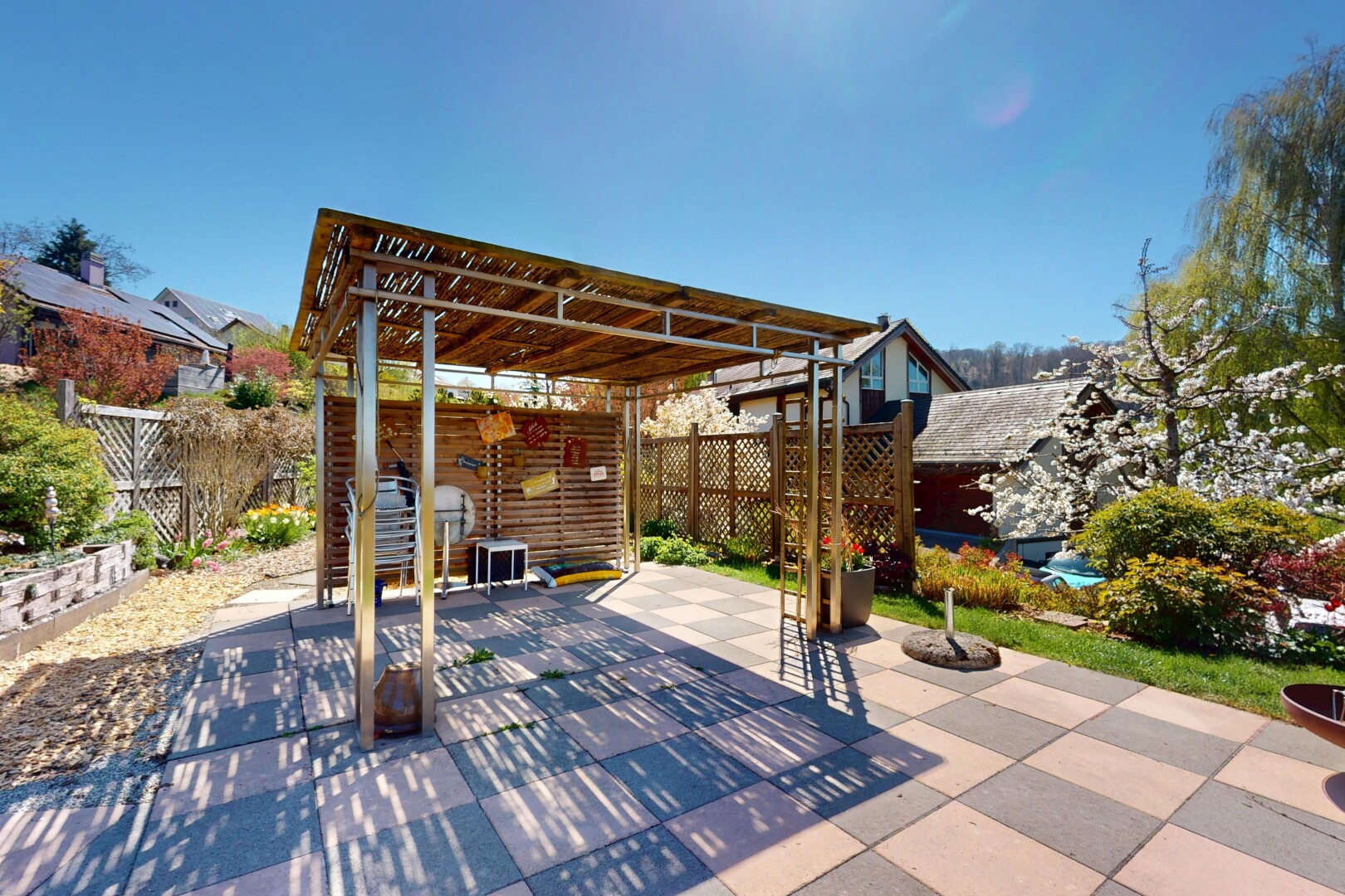terrasse mit pergola, terrasse, und zaun