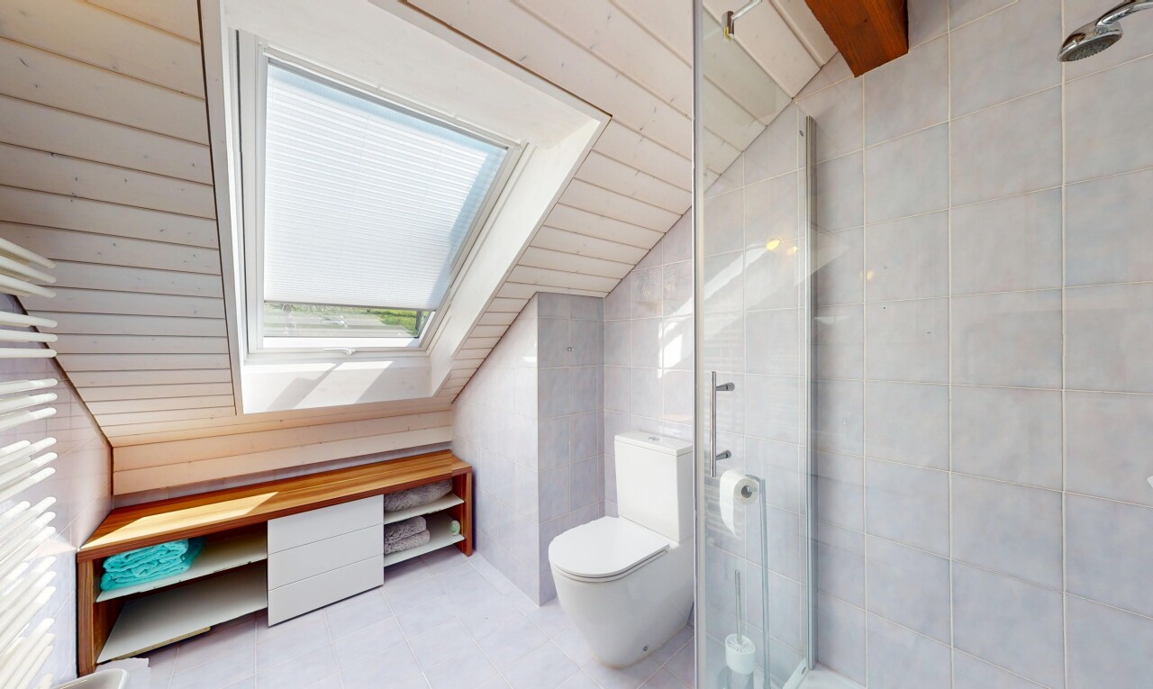 bad mit dachschräge, toilette, dusche, und fliesenwand