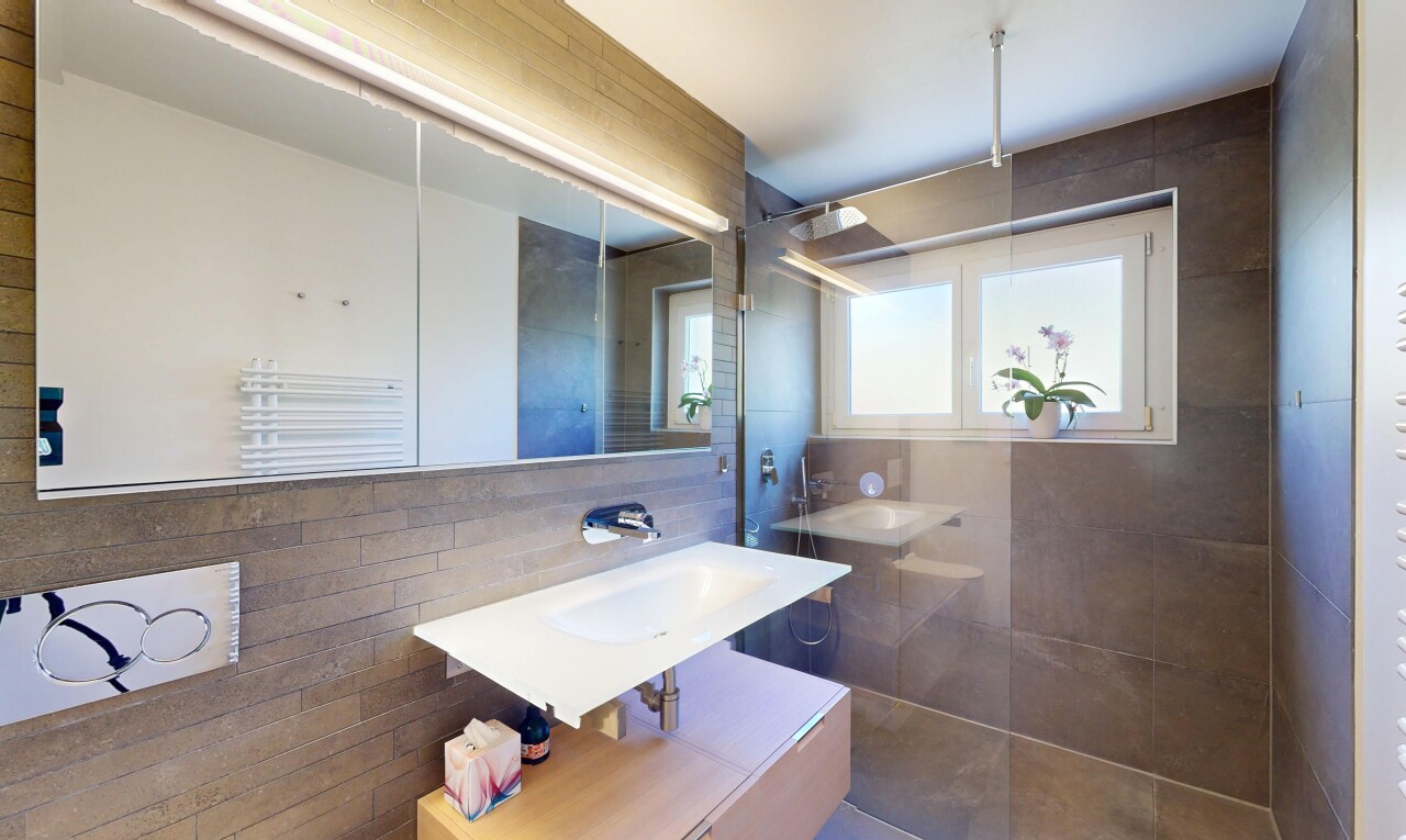bad mit spiegel, dusche, fliesenwand, natürliches licht, und komplettes badezimmer