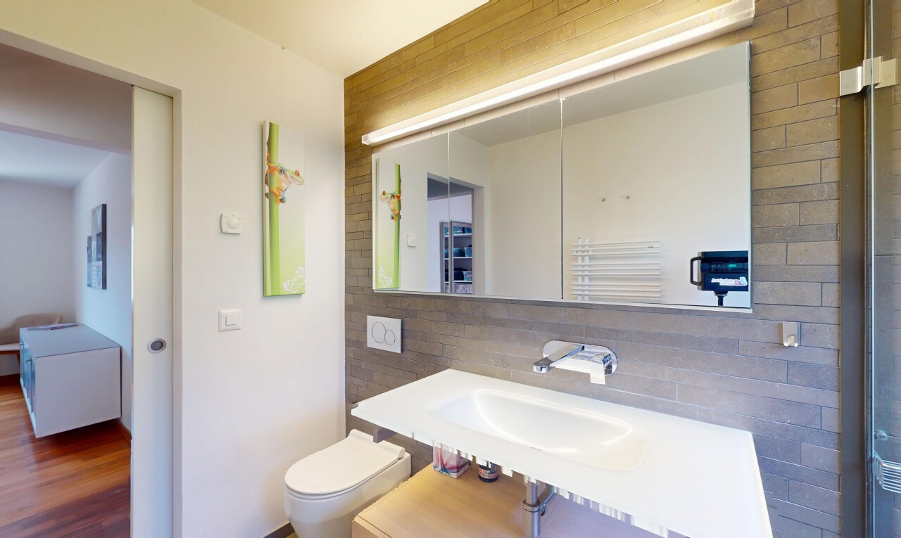 bad mit spiegel, gipskartonwand, handtuchwärmer, toilette, und küchenrückwand beim herd