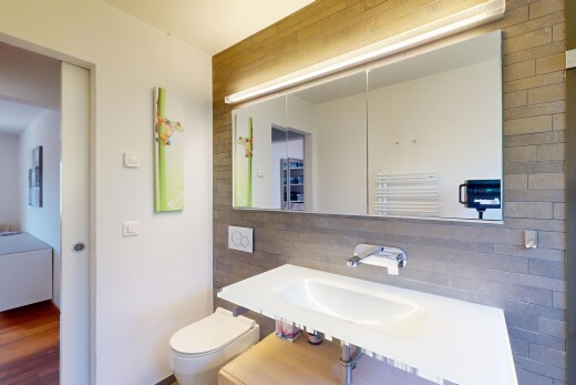salle de bains avec cloison sèche, chauffe-serviettes, dosseret, miroir, et toilette
