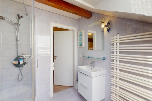 salle de bains avec évier, douche, radiateur, salle de bain complète, et miroir