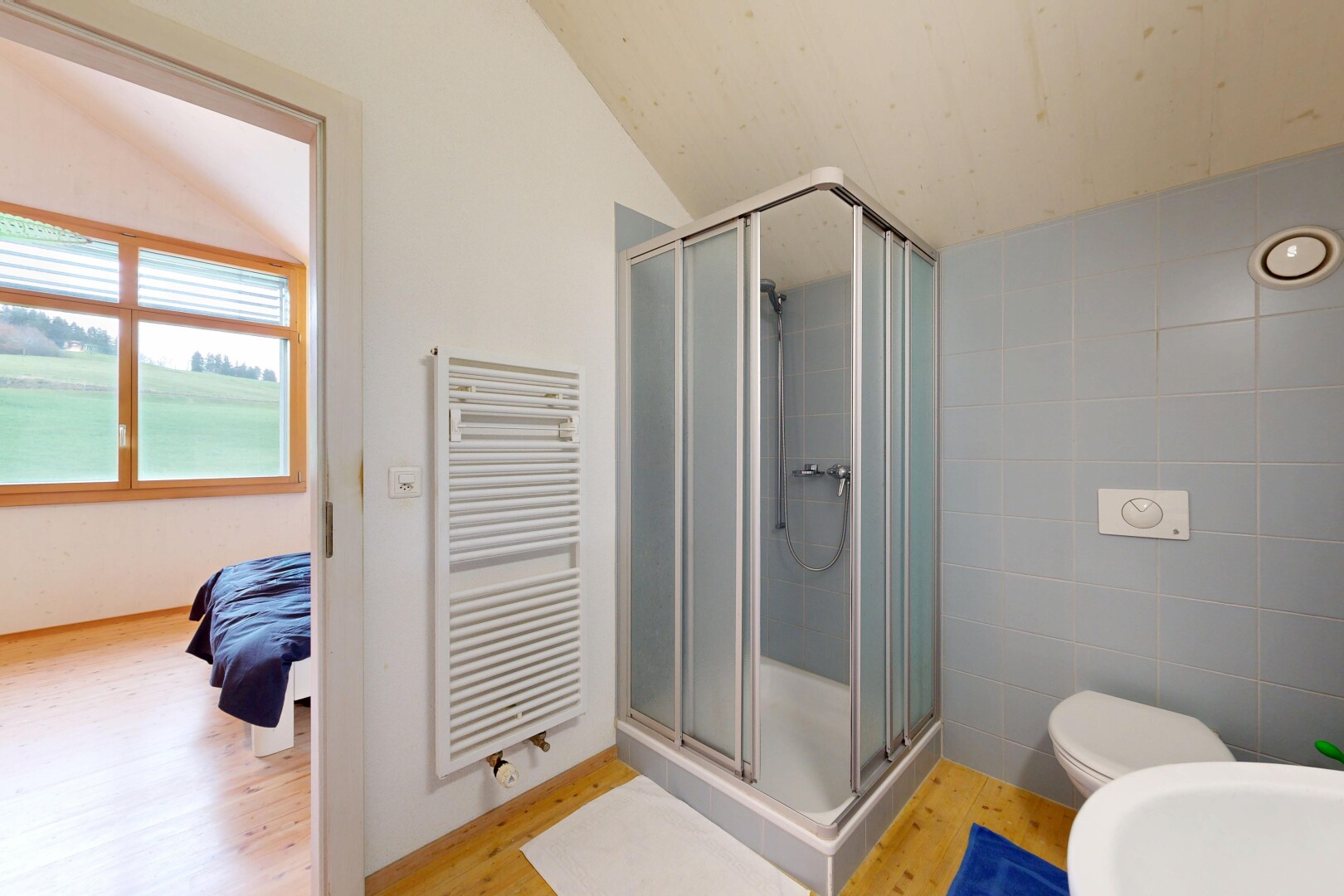 salle de bains avec inside property, sol en finition bois, wood finish floor, radiateur, et lumière naturelle