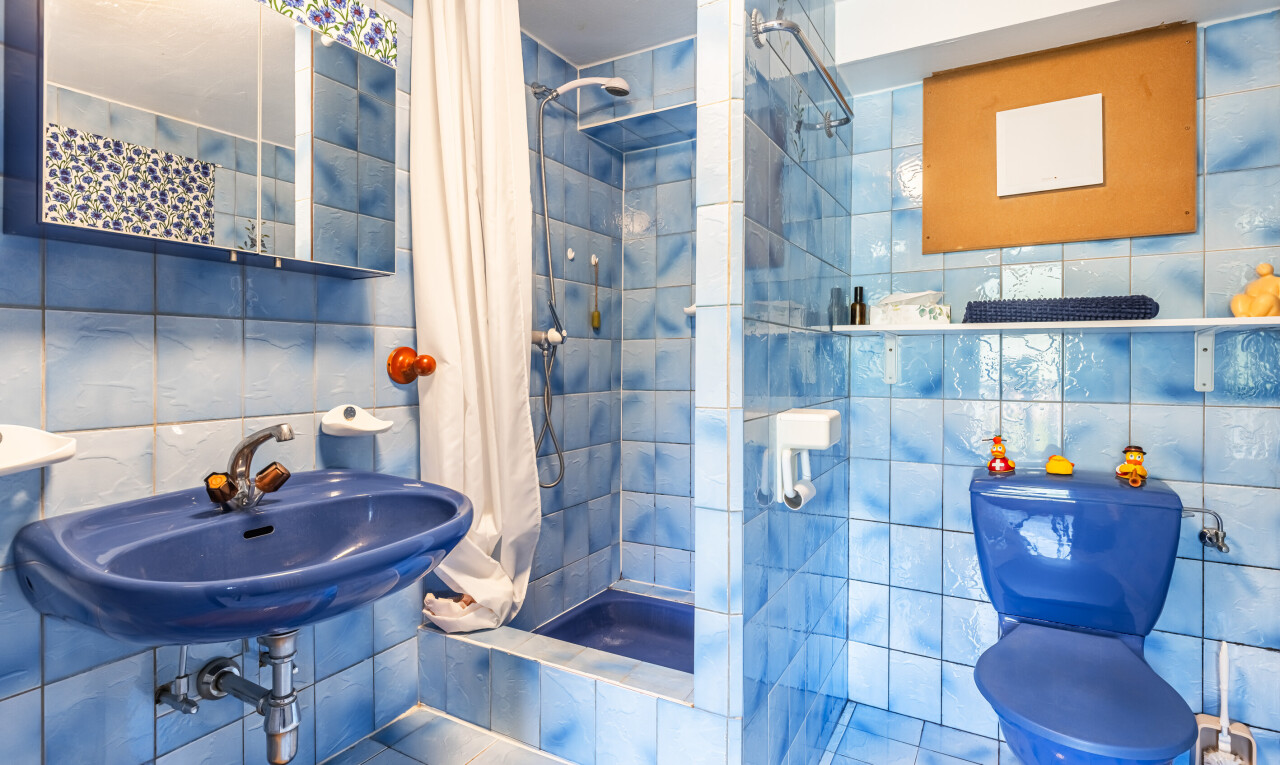 salle de bains avec mur en carrelage, tile wall, douche, salle de bain complète, et toilette