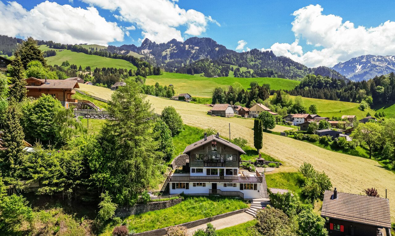 façade avec vue sur la montagne, mountain view, day time, vue rurale, et pelouse