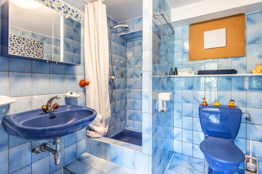 salle de bains avec mur en carrelage, tile wall, douche, salle de bain complète, et toilette