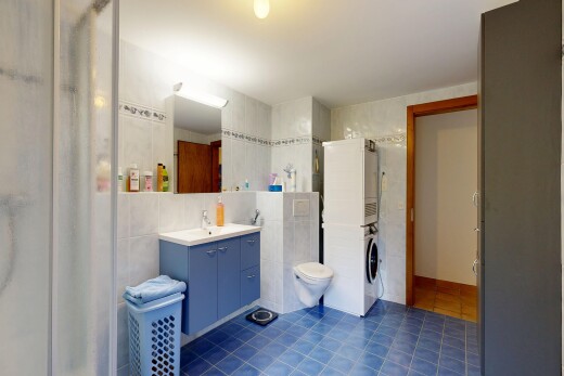 bad mit schminktisch, spiegel, komplettes badezimmer, inside property, und dark floor