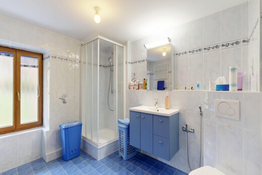 salle de bains avec lavabo (ou coiffeuse selon le contexte), tile wall, mur en carrelage, douche, et salle de bain complète
