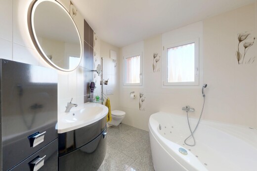 salle de bains avec toilette, miroir, lavabo (ou coiffeuse selon le contexte), light floor, et lumière naturelle