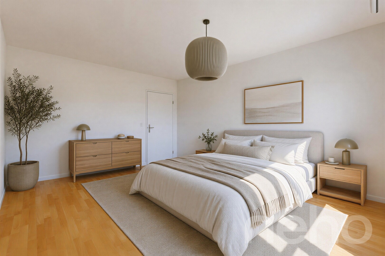 chambre avec sol en finition bois, wood finish floor, cloison sèche, drywall, et éclairage suspendu