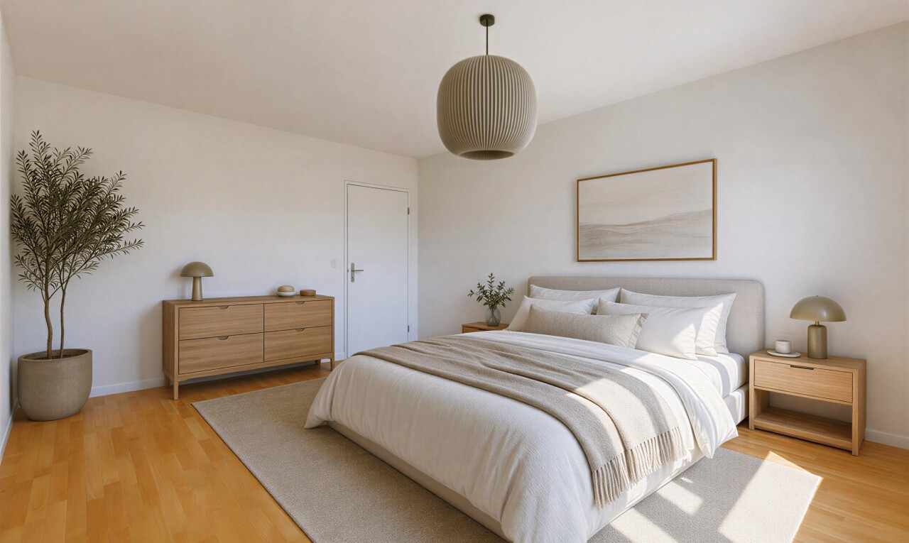 chambre avec sol en finition bois, wood finish floor, cloison sèche, drywall, et éclairage suspendu
