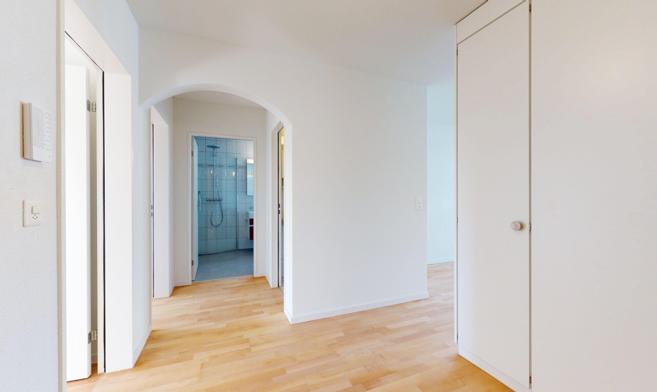 halle / korridor mit holzfußboden, wood finish floor, gipskartonwand, drywall, und gewölbte gehwege