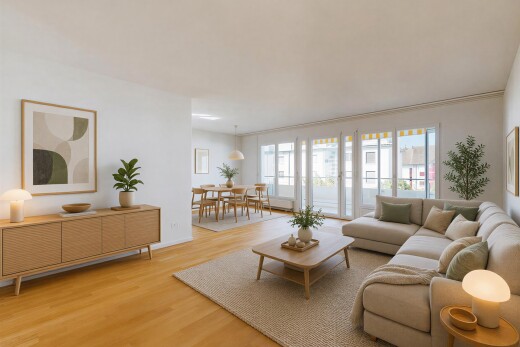 living room with light wood finished floors and hanging light fixtures