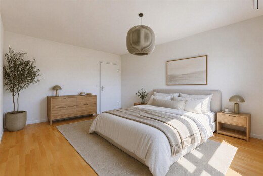 zimmer / schlafzimmer mit holzfußboden, wood finish floor, gipskartonwand, drywall, und pendelleuchte