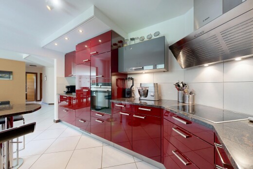 küche mit dunstabzugshaube, rote schränke, red cabinets, schränke mit flachen paneelen, und flat panel cabinets