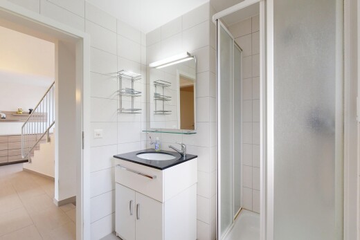 salle de bains avec mur en carrelage, tile wall, miroir, lavabo (ou coiffeuse selon le contexte), et douche