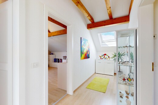 couloir avec puits de lumière, sol en finition bois, wood finish floor, inside property, et cloison sèche