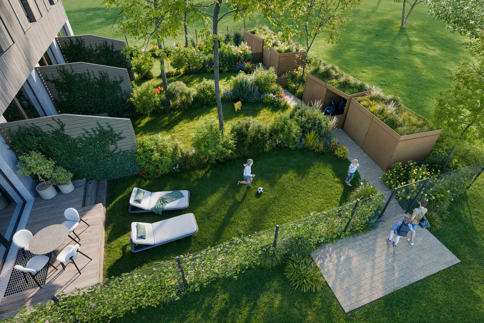garten mit rasen, zaun, und rendered
