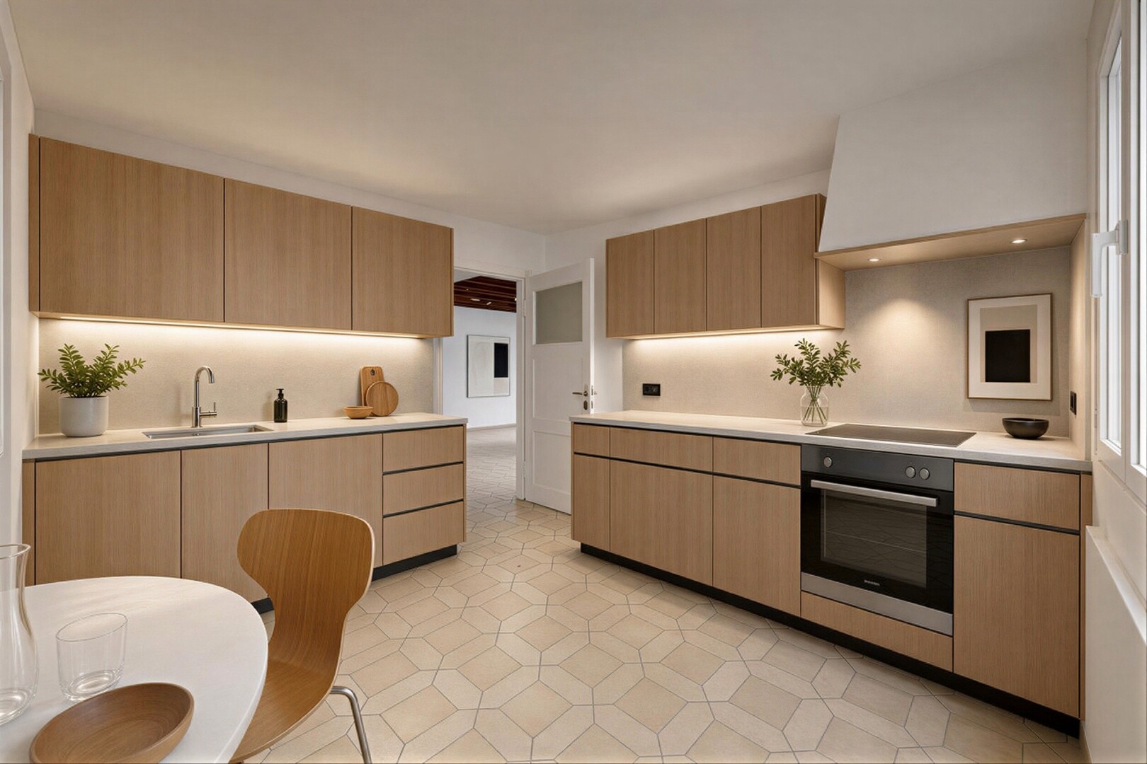 cuisine avec arched cabinets, armoires en arc, four, light floor, et medium brown cabinets