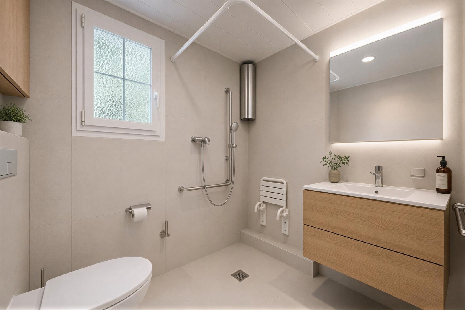 salle de bains avec lavabo (ou coiffeuse selon le contexte), toilette, miroir, inside property, et mur en carrelage