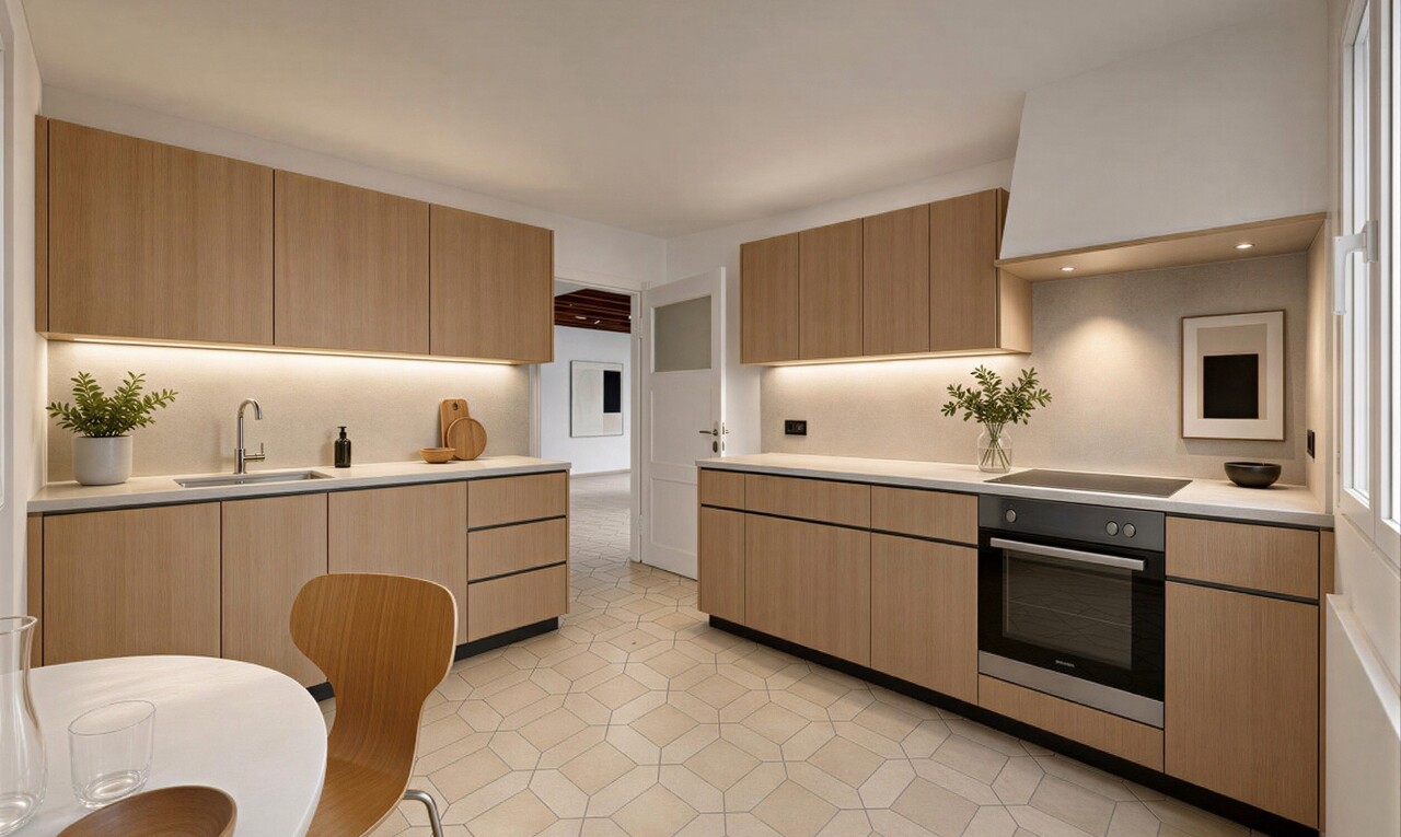 cuisine avec arched cabinets, armoires en arc, four, light floor, et medium brown cabinets