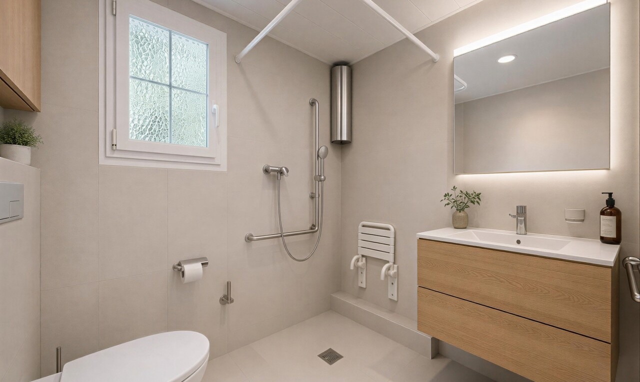 salle de bains avec lavabo (ou coiffeuse selon le contexte), toilette, miroir, inside property, et mur en carrelage