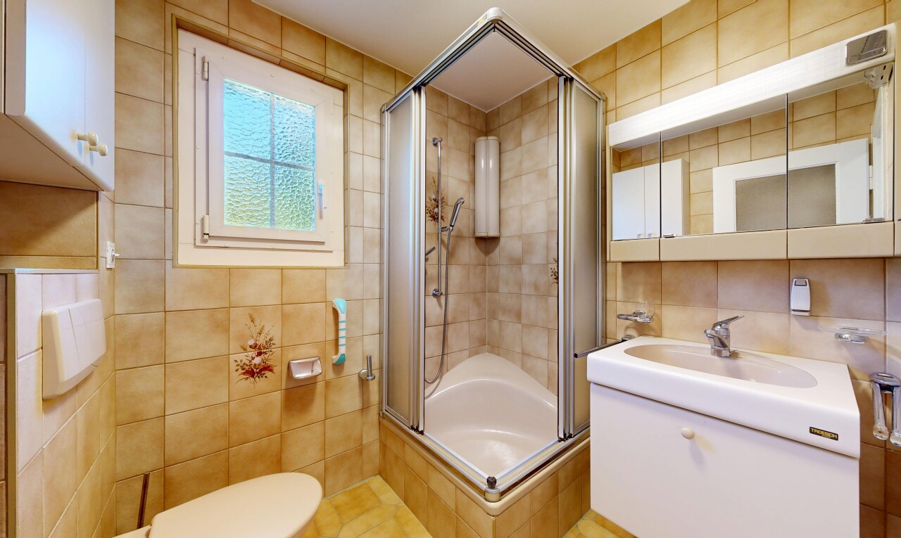 salle de bains avec douche, miroir, lavabo (ou coiffeuse selon le contexte), salle de bain complète, et mur en carrelage