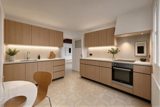 cuisine avec arched cabinets, armoires en arc, four, light floor, et medium brown cabinets